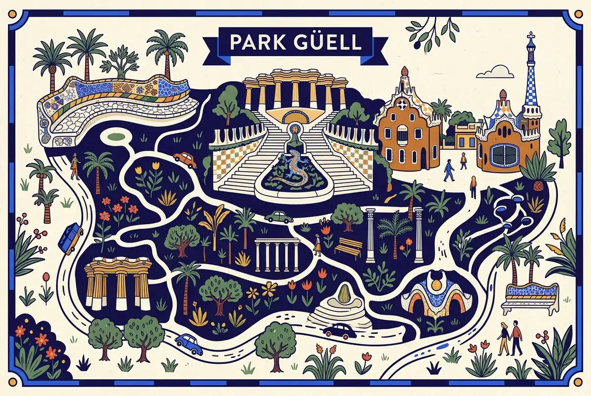 illustrated map of Barcelona highlights for Is a Park Güell Guided Tour Worth It, or Go Self-Guided?, park guell guided tour worth it