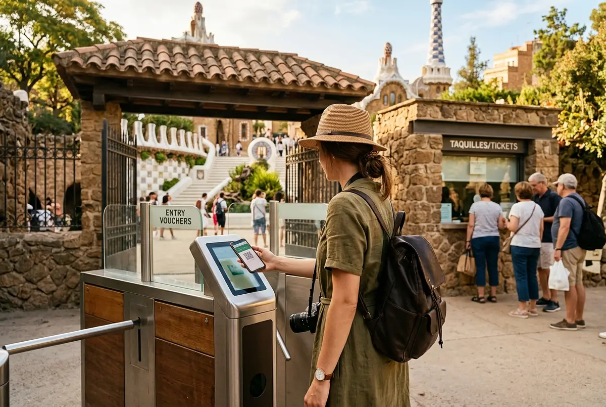 Traveler scanning a mobile voucher at a Park Güell entrance gate while a short line waits at a ticket counter behind them