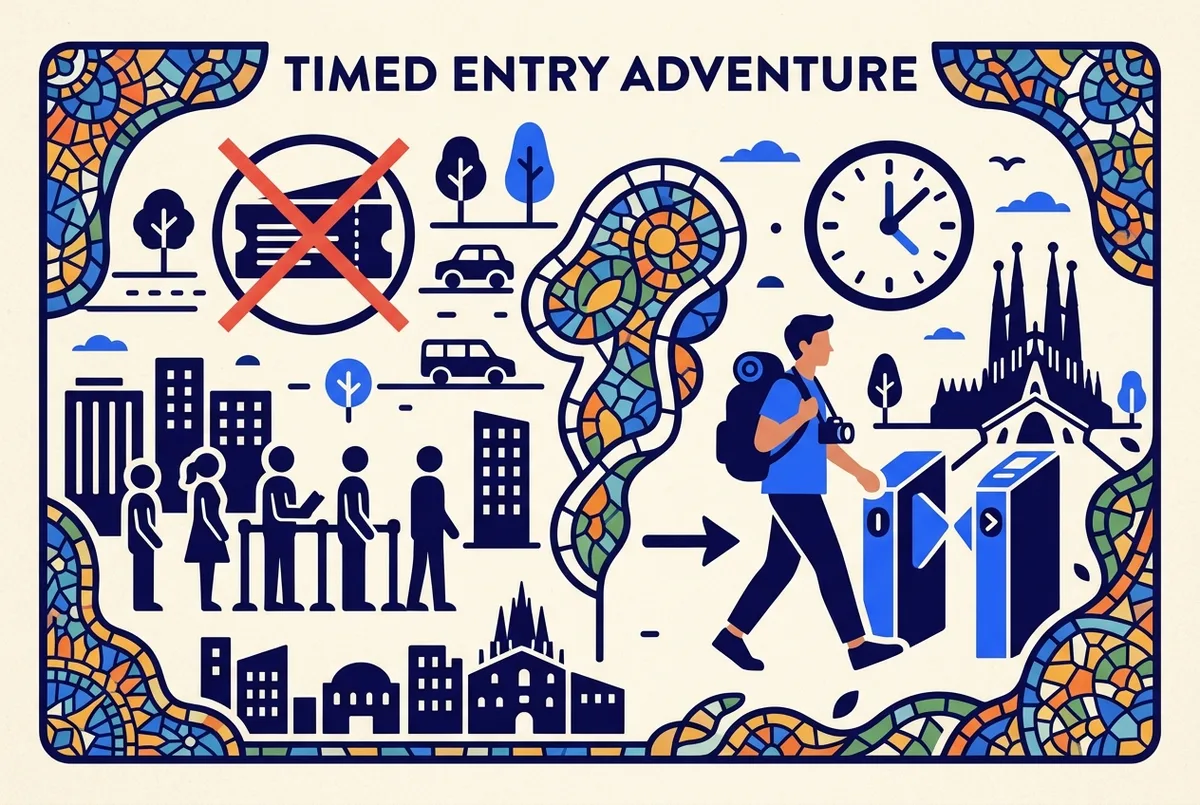Simple infographic comparing a crossed-out general ticket queue icon against a single traveler walking through a timed-entry gate with a clock icon, flat style, Park Güell mosaic motif, generic labels only