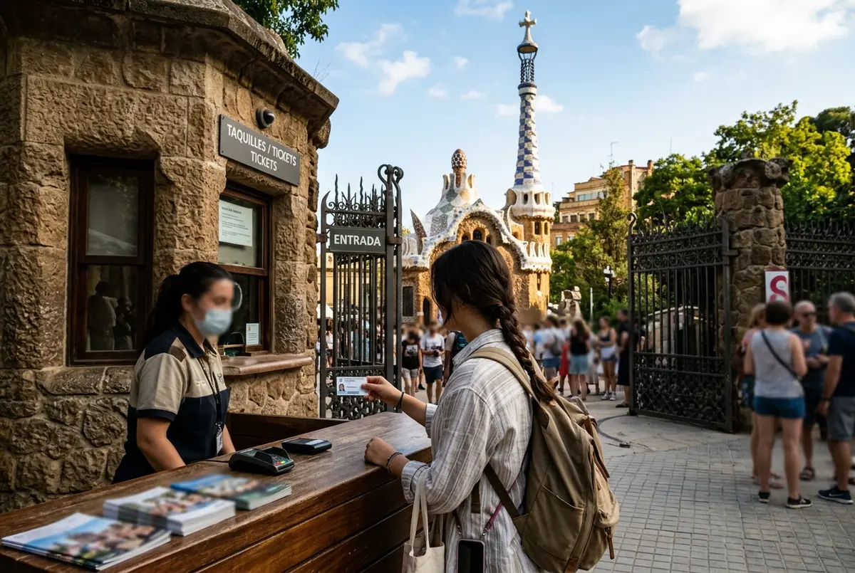 Studierende zeigt einen Studierendenausweis am Park-Güell-Ticketschalter, Mosaikpavillon im Hintergrund hinter dem Tor