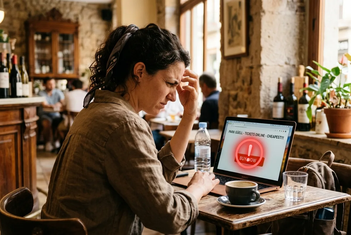 Traveler squinting at a suspicious park guell tickets website on a laptop, red warning icon overlay, cautious expression, Barcelona cafe setting