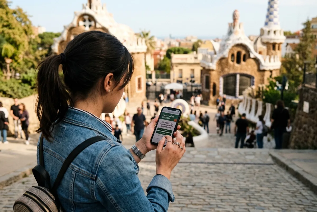 Traveler checking a Park Güell booking app on a phone with a sold out message, mosaic entrance pavilion blurred behind them