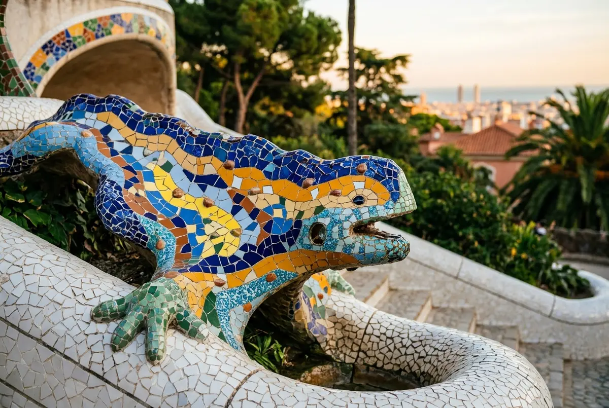 Close up of colorful broken ceramic trencadis mosaic tiles forming the park guell dragon stairway salamander in warm afternoon light
