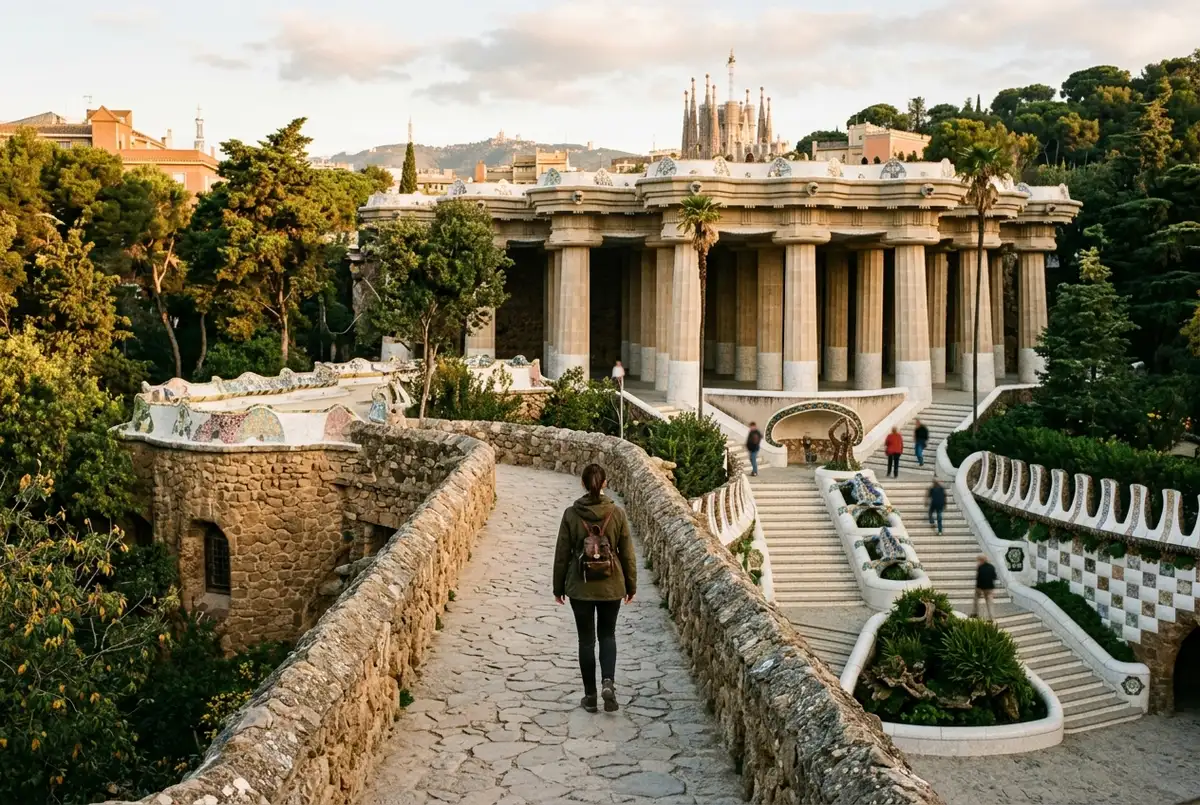 Wide shot of a traveler walking through park guell toward the hypostyle room columns with the dragon stairway visible behind in morning light
