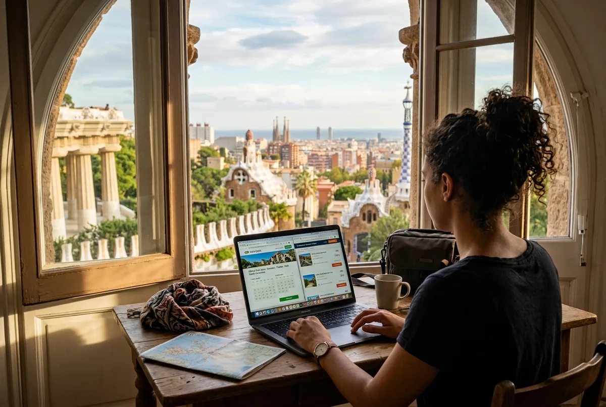 Turista che confronta due pagine di prenotazione dei biglietti park guell sito ufficiale sullo schermo di un laptop in un caffè di Barcellona