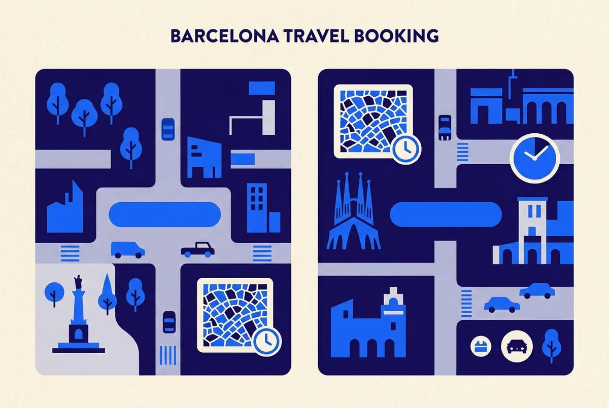 Simple side-by-side infographic comparing an official municipal ticket booking screen against a reseller checkout screen, both showing the same Park Güell mosaic icon and a timed entry slot, flat style, generic labels only