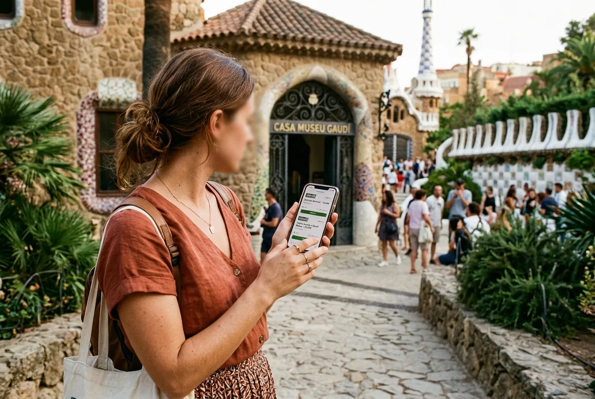 Traveler comparing two Park Güell ticket options on a phone outside the Gaudí House Museum entrance