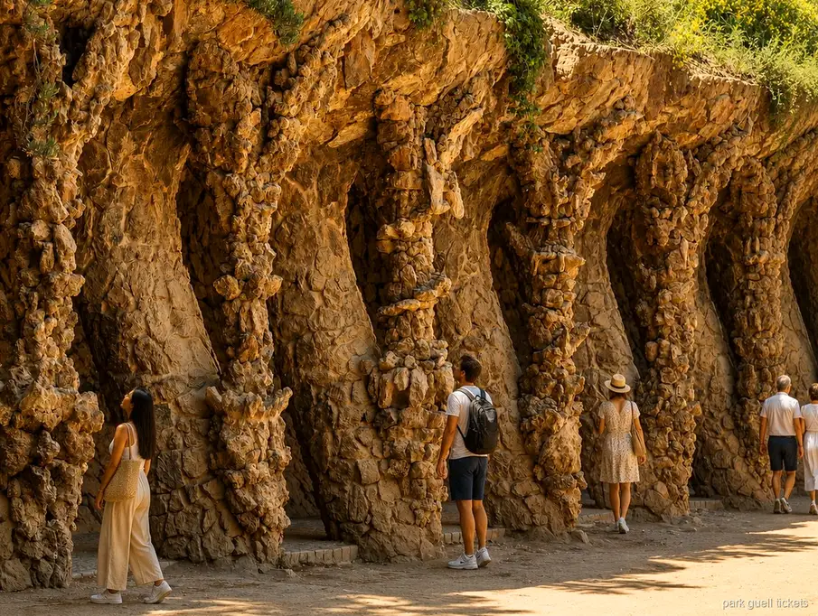 Grupo con auriculares escuchando a un guía en el tour guiado por el Park Güell