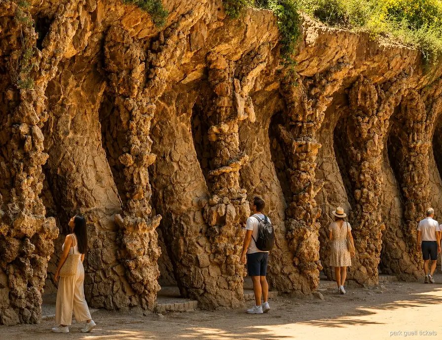 Groupe avec casques audio écoutant un guide lors de la visite guidée du Park Güell